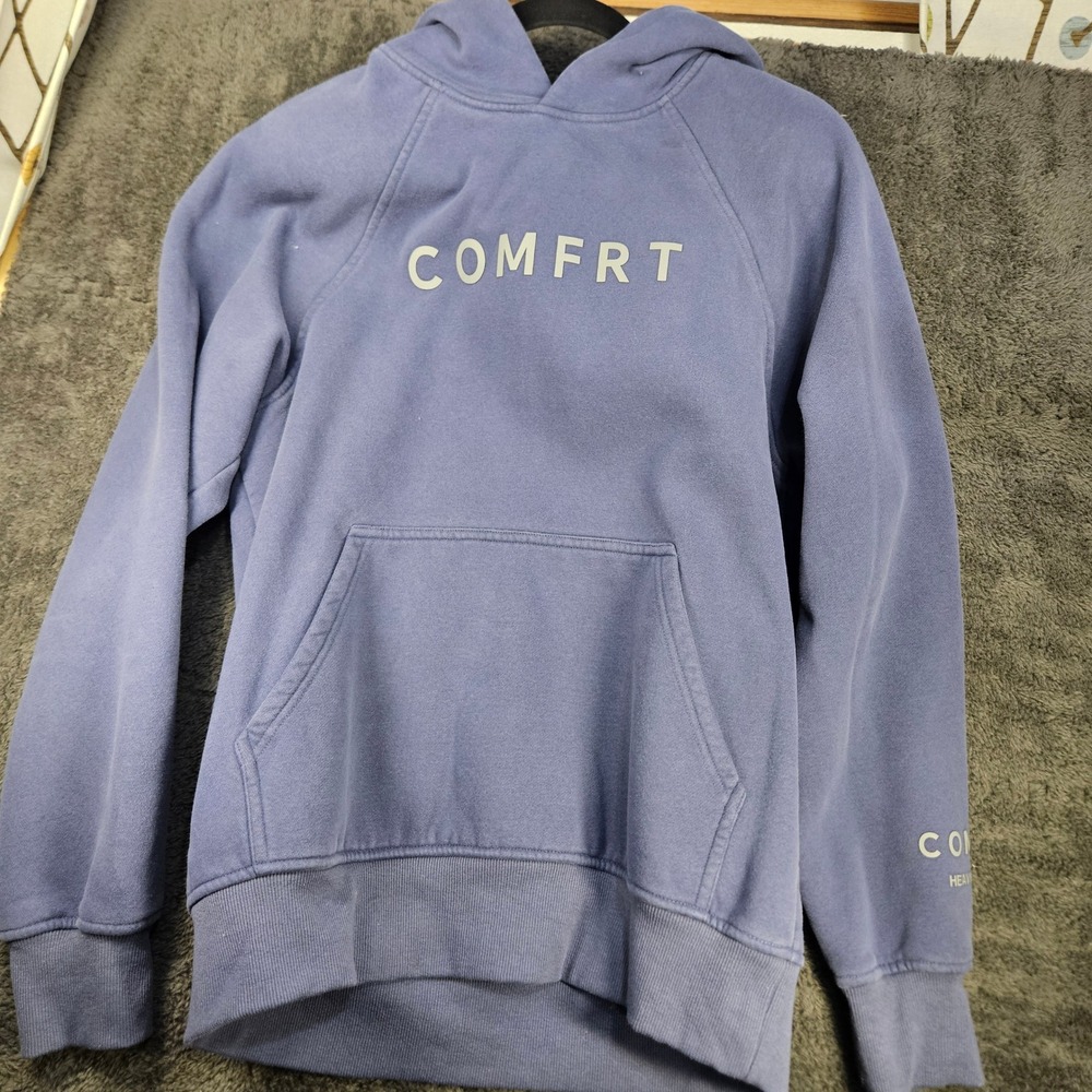 Comfrt Heavyweight Hoodie Mens Small Blue Raglan Pullover Logo Sweatshirt